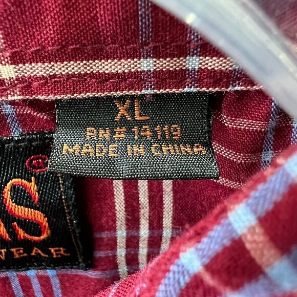 Plains Western Wear Mens Shirt Extra Large Red White Plaid Pearl Snap Pocket - Picture 5 of 9